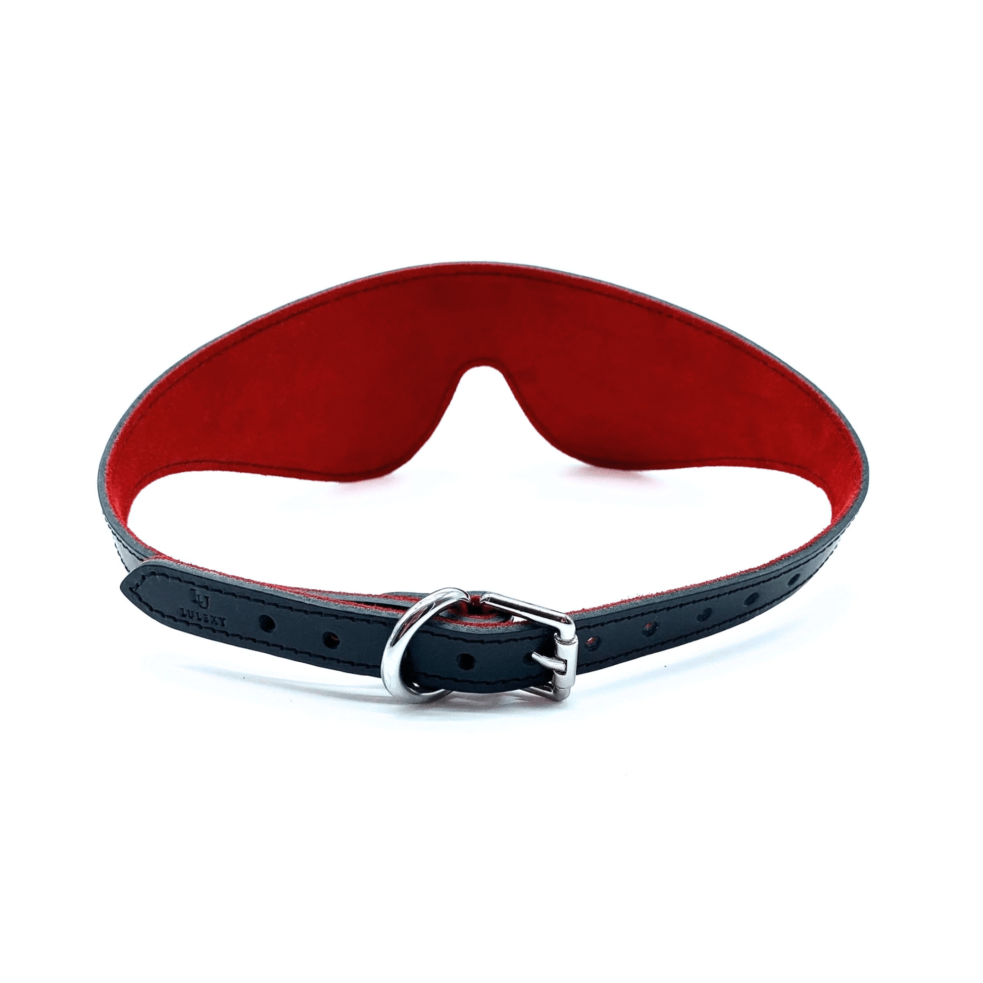 Black leather blindfold with red suede lining, back view showing adjustable strap and silver hardware