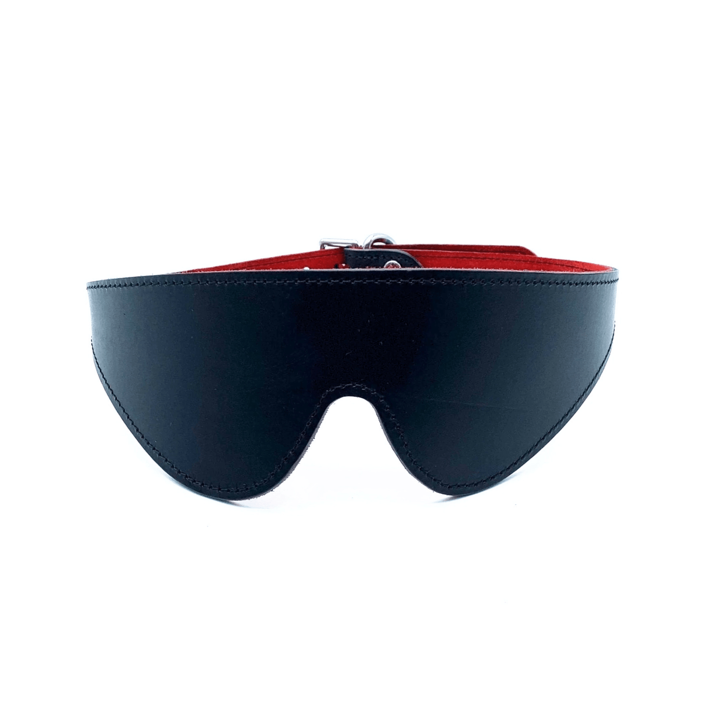 Black leather blindfold with red suede lining, curved shape and smooth finish handmade in USA