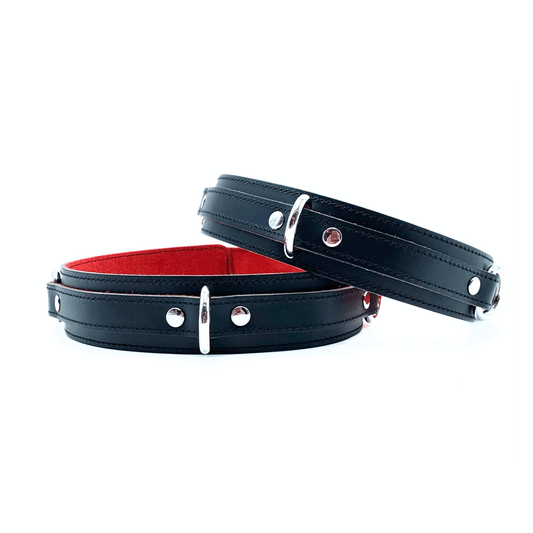 Black leather thigh cuffs with red suede lining and silver hardware, Scarlet design handmade Italian leather cuffs
