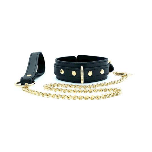 Black leather collar and chain leash with gold hardware, detachable leash and handmade Italian leather design