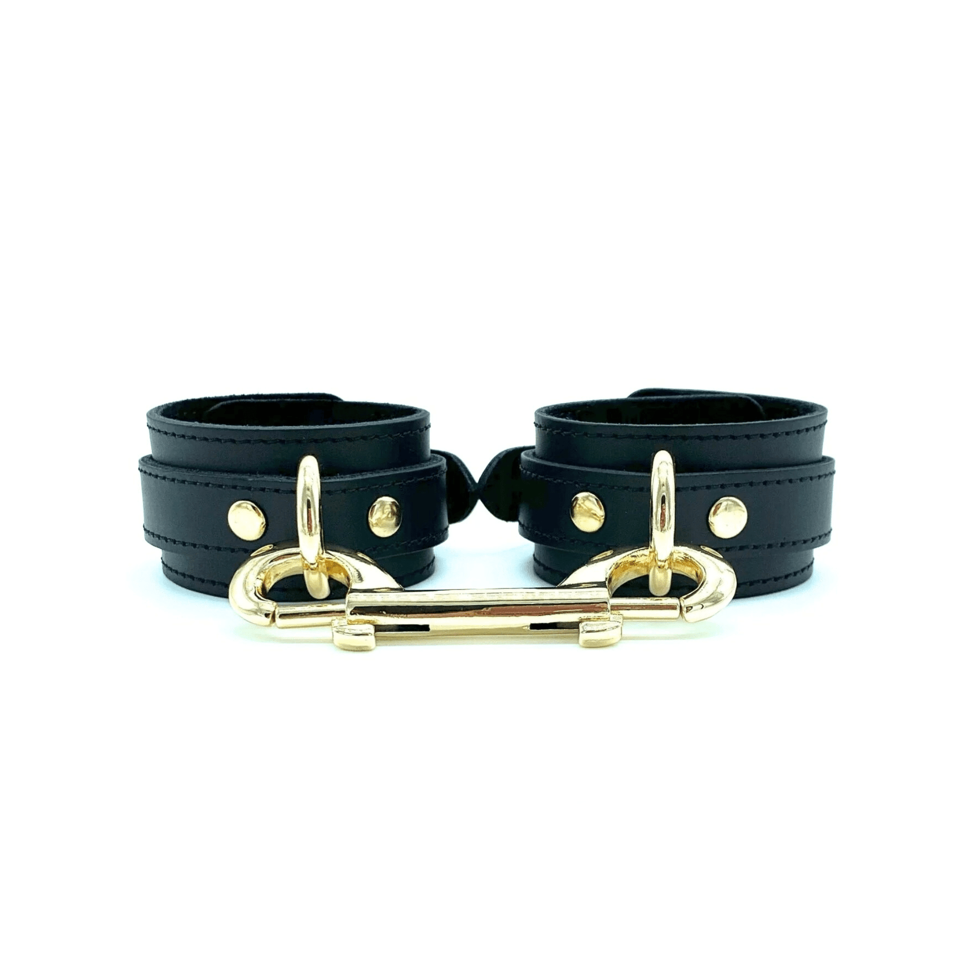 Black leather handcuffs with gold hardware, adjustable wrist cuffs with buckle closure handcrafted in USA