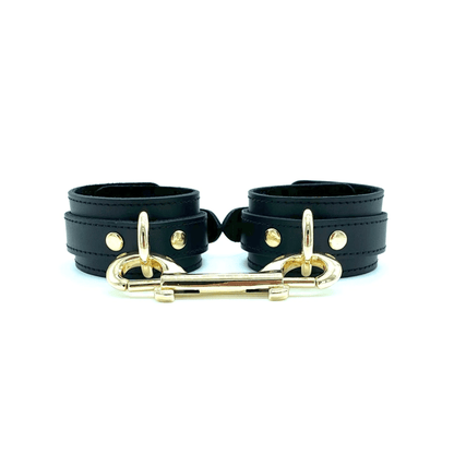 Black leather handcuffs with gold hardware, adjustable wrist cuffs with buckle closure handcrafted in USA