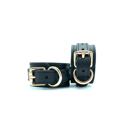 Black leather ankle cuffs with gold hardware, adjustable buckle cuffs handmade Italian leather restraint design