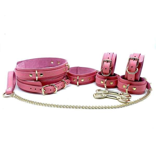 Handmade Italian leather bondage set crafted in USA with collar, leash, handcuffs, thigh and gold hardware luxury design