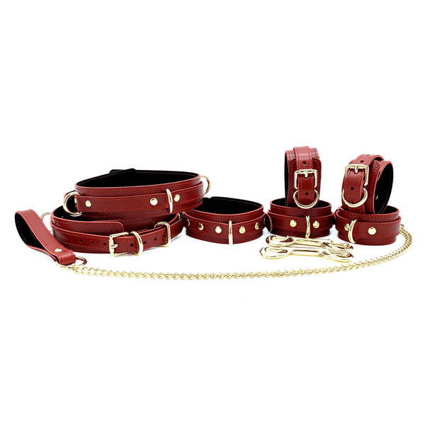 7-piece Italian leather bondage set with collar, leash, cuffs, connectors, and premium hardware