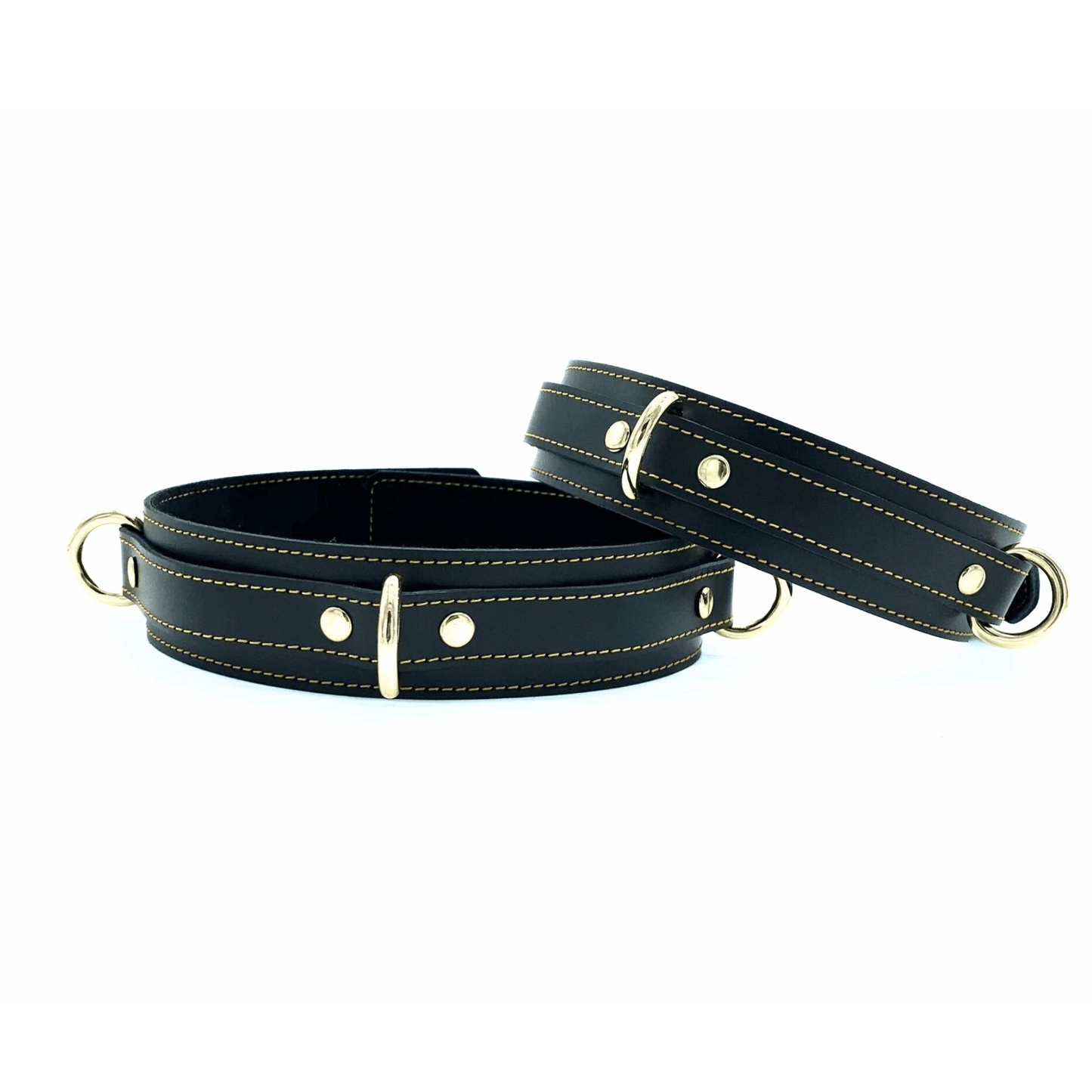 Black leather handcuffs with gold hardware, adjustable cuffs with buckle closure handmade in USA