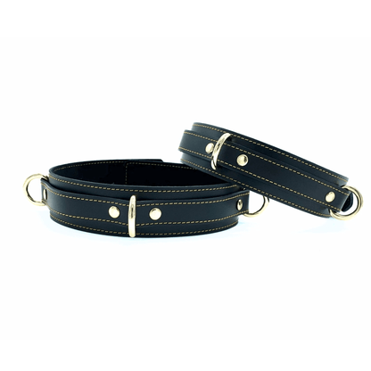 Black leather handcuffs with gold hardware, adjustable cuffs with buckle closure handmade in USA