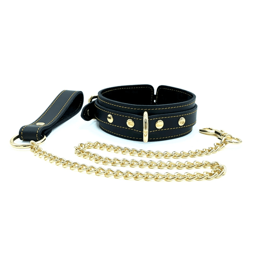 Black leather Tango bondage set with gold hardware featuring collar, chain leash, cuffs and connectors handcrafted in USA
