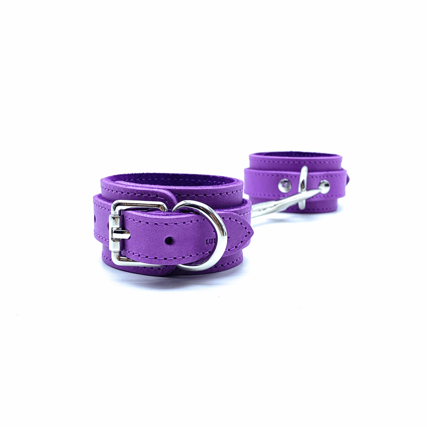 Purple leather handcuffs with silver hardware, adjustable wrist cuffs handmade leather design