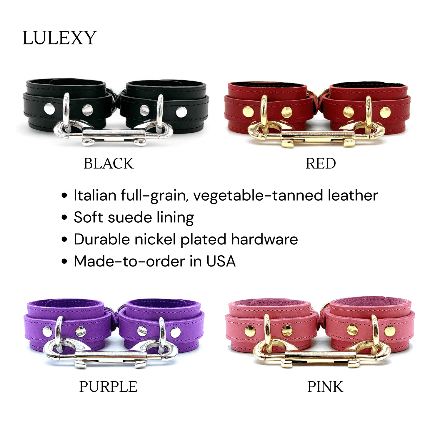 Lulexy leather color chart showing black, red, green, purple and pink Italian leather options