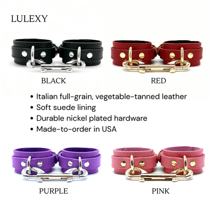 Lulexy leather color chart showing black, red, green, purple and pink Italian leather options