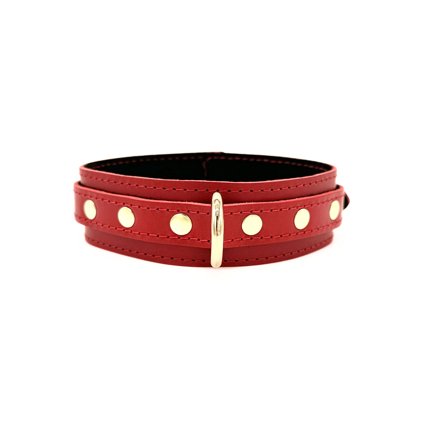 Red leather collar with detailed red stitching, gold D ring and 3 gold rivets on each side of the ring.
