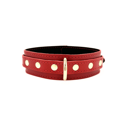 Red leather collar with detailed red stitching, gold D ring and 3 gold rivets on each side of the ring.