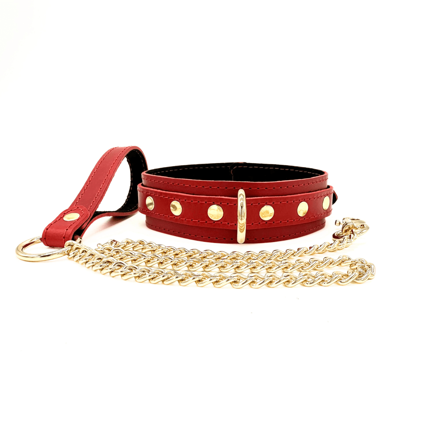 Red leather collar with gold hardware and matching chain leash.