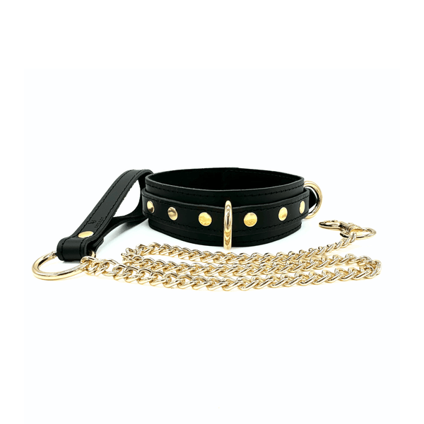 Black leather collar with gold hardware and matching chain leash.