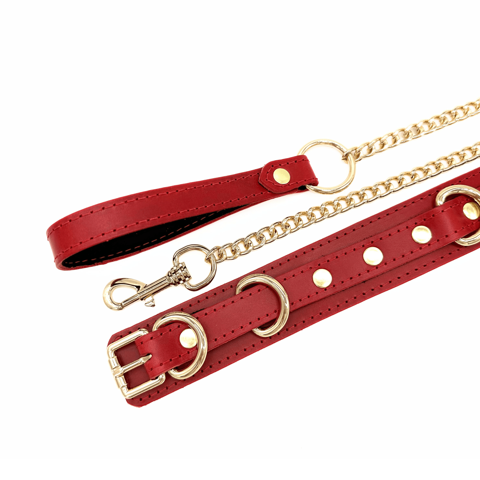Red leather collar with gold D-rings, buckle, and matching gold chain leash with handle on white background