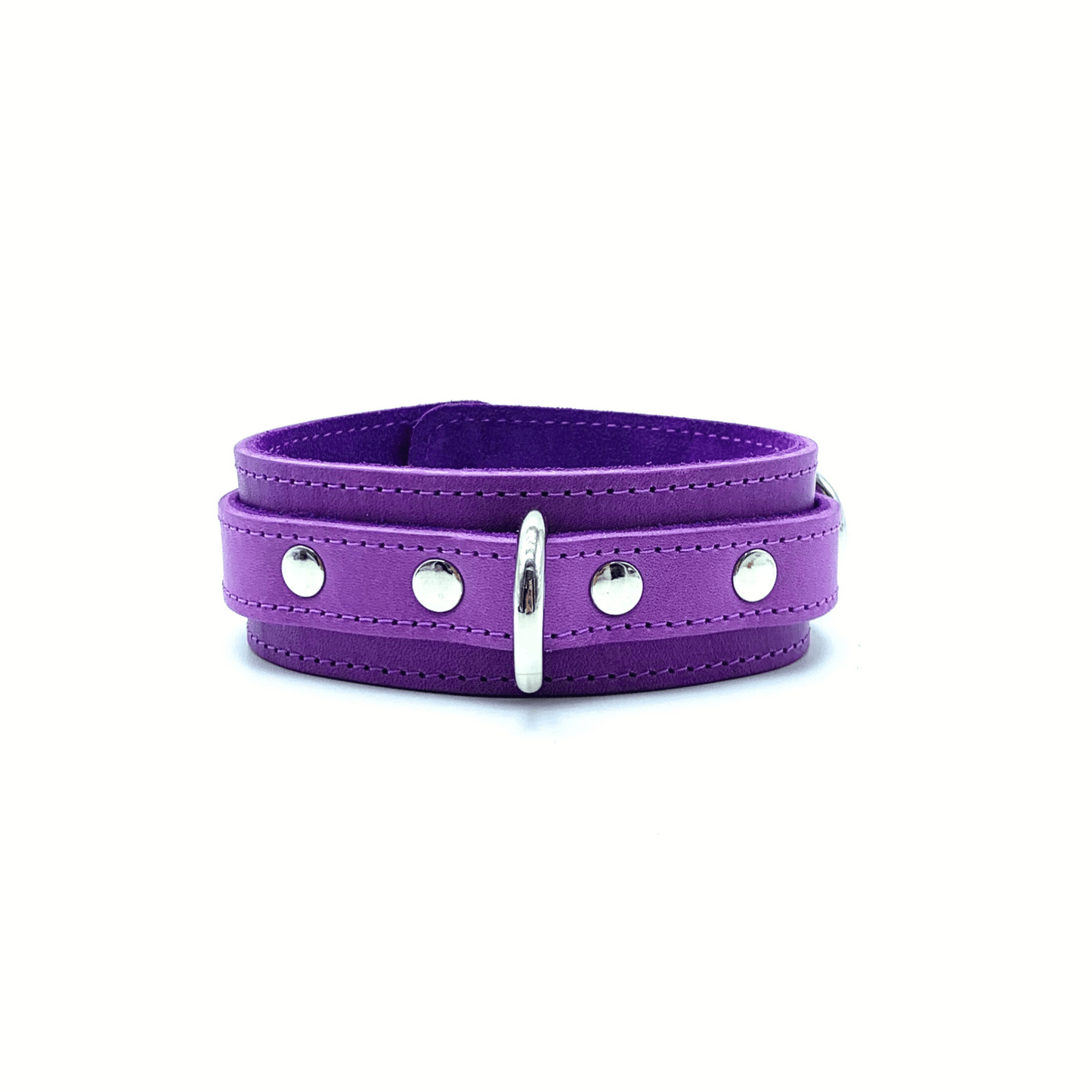 purple leather collar with silver D ring in the center and silver rivet studs.