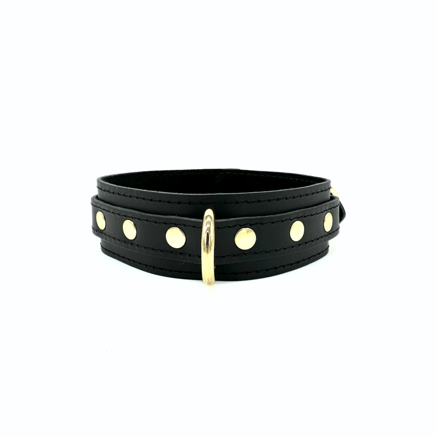Black Italian leather collar, 1.5 inch wide, detailed stitching, gold center D ring and 3 gold rivets on each side of the ring.
