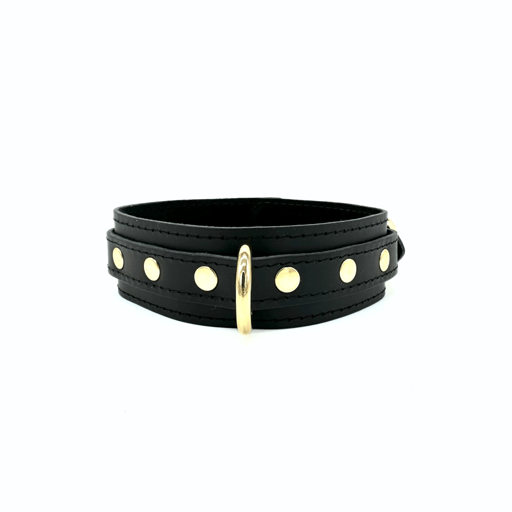 Black Italian leather collar, 1.5 inch wide, detailed stitching, gold center D ring and 3 gold rivets on each side of the ring.