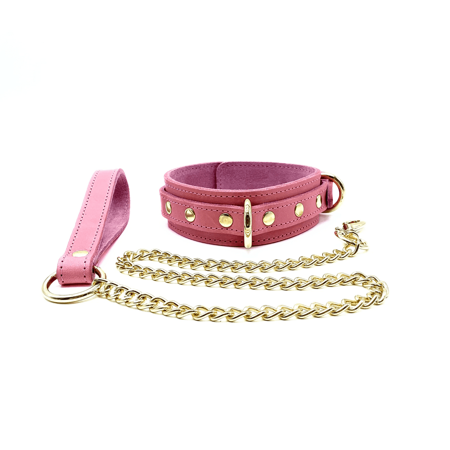 Pink leather collar with gold hardware and matching chain leash. 