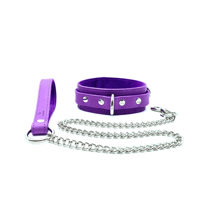 Purple leather collar with silver hardware and matching chain leash.