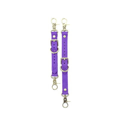 Purple Italian leather garter straps side view with gold hardware and adjustable buckle design