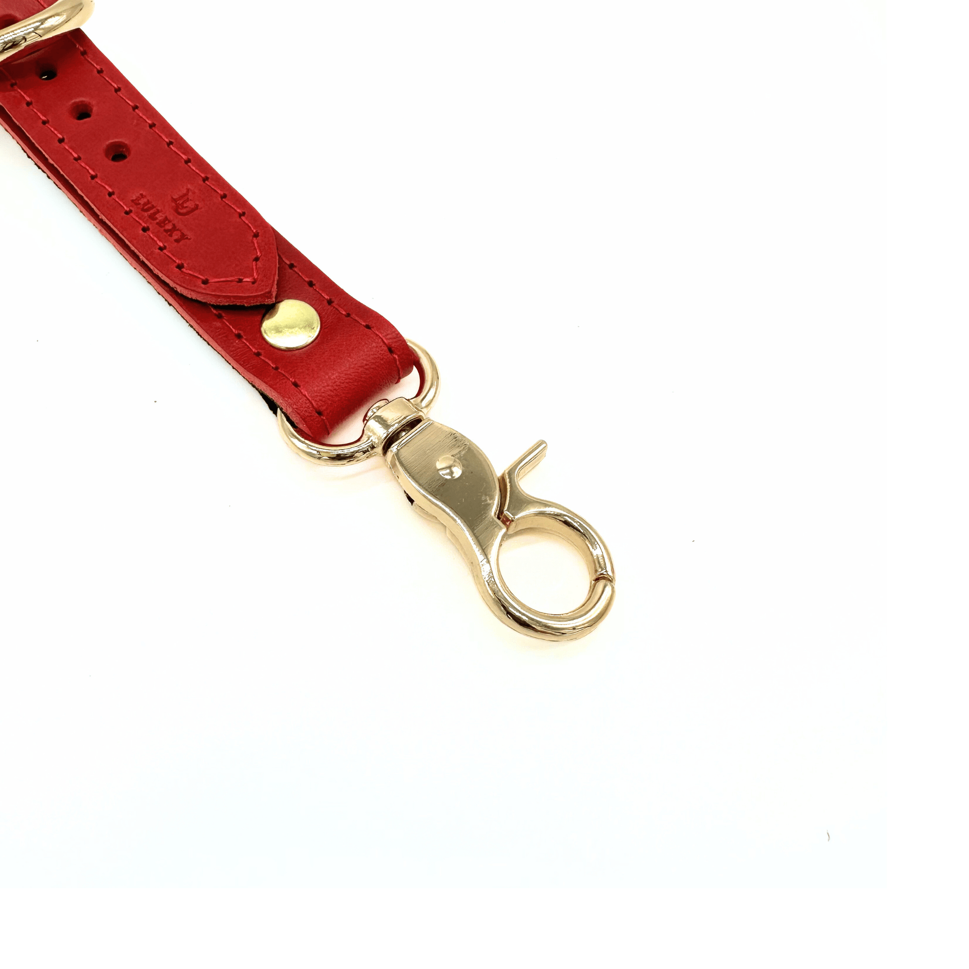 Close up of red Italian leather garter strap with gold hardware, clip and rivet detail