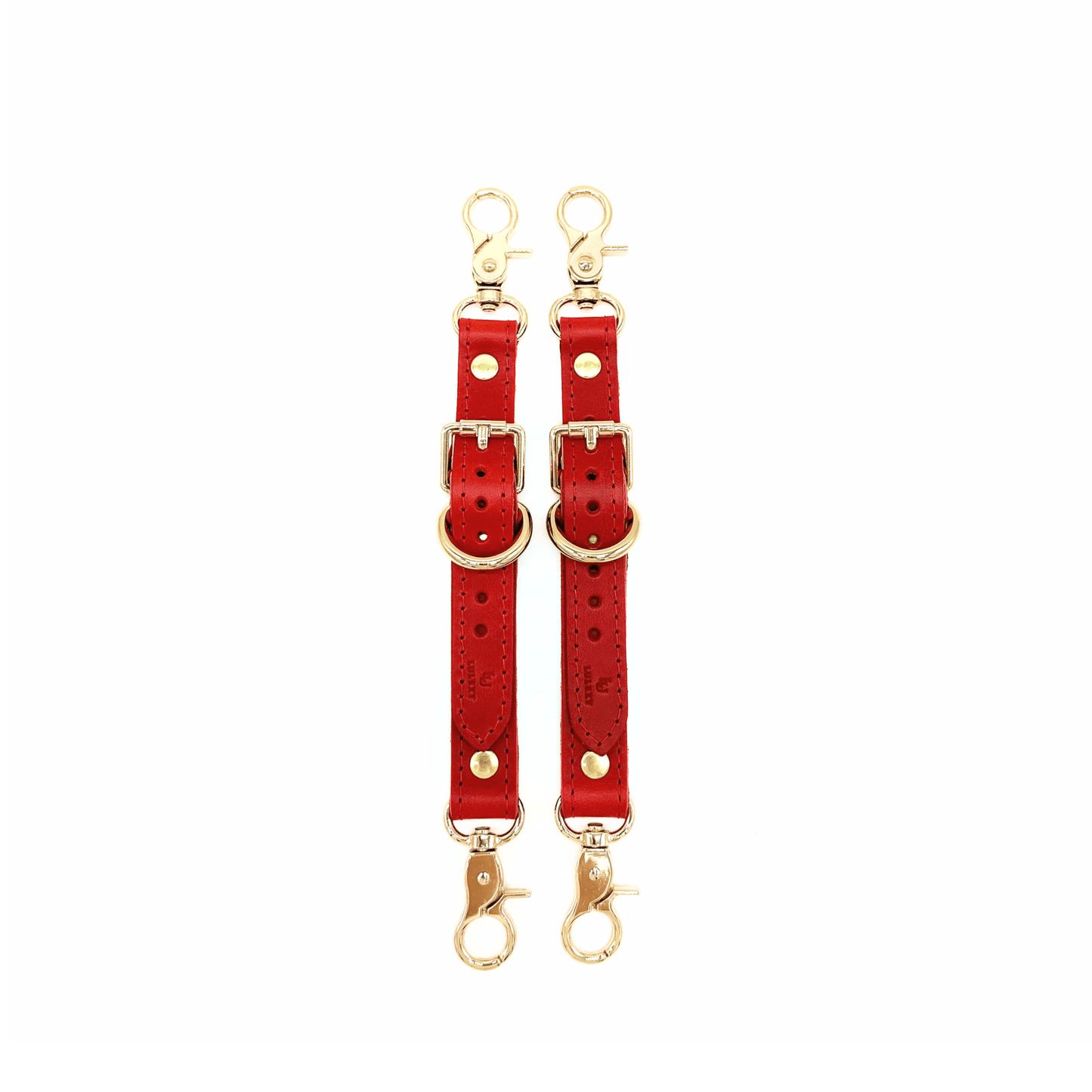 Red Buttero Italian leather garter straps with gold hardware, adjustable connectors with clips