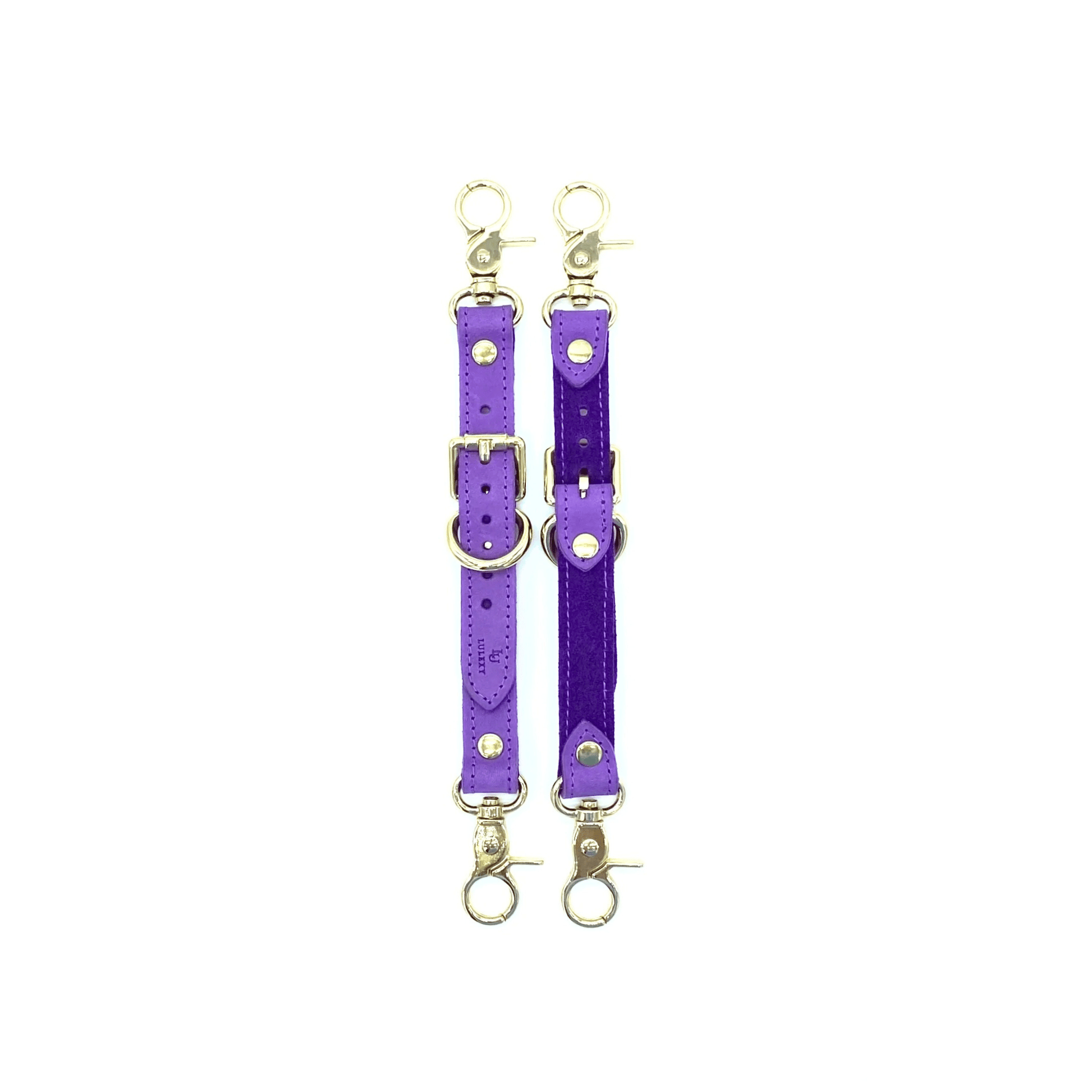 Purple Italian leather garter straps with gold hardware, adjustable straps with buckles and clips
