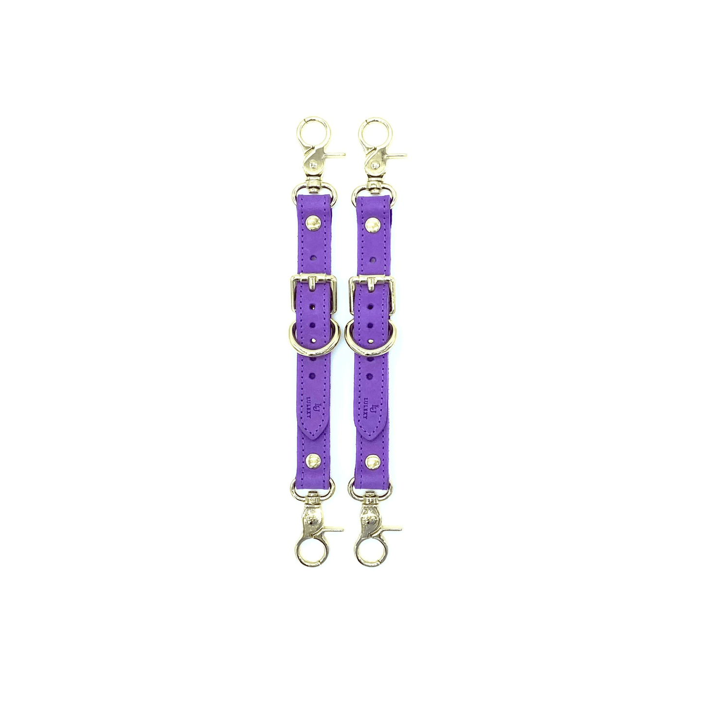 Purple Buttero Italian leather garter straps with gold hardware, adjustable connectors with clips