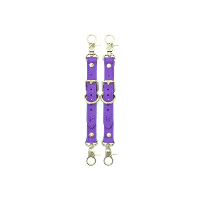 Purple Buttero Italian leather garter straps with gold hardware, adjustable connectors with clips