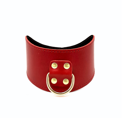 Red Italian leather posture collar with detailed stitching and gold hardware and center D ring.