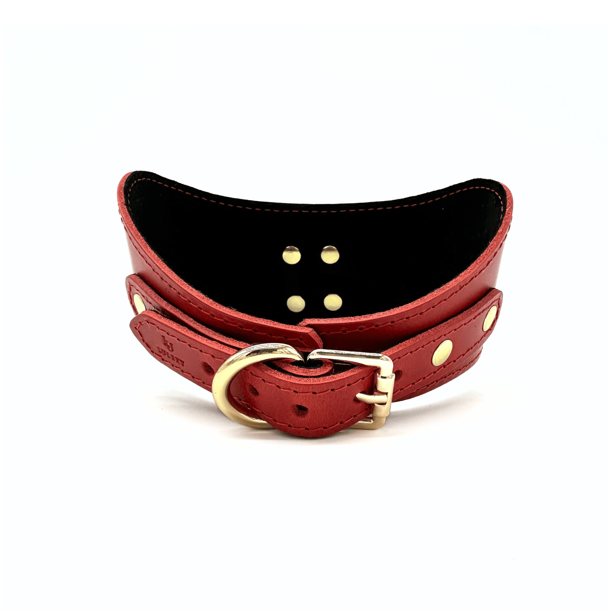 Back view of red leather posture collar showcasing the curved shape, elegant gold buckle and lulexy logo on adjustment strap.