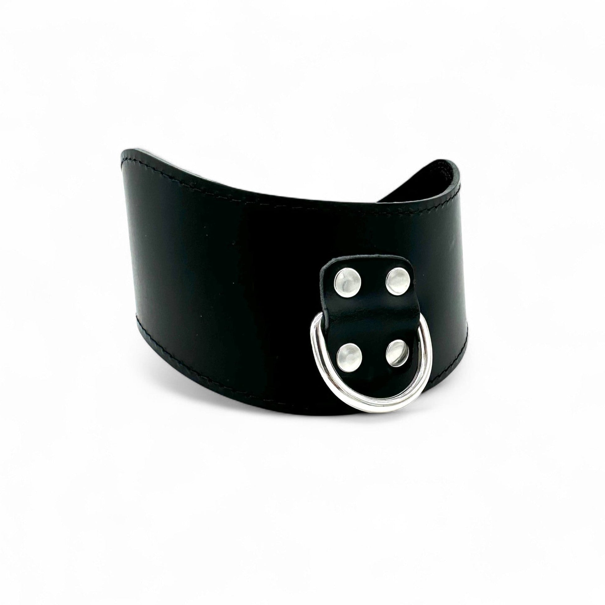 Side view of black Italian leather posture collar with large D ring in the center.