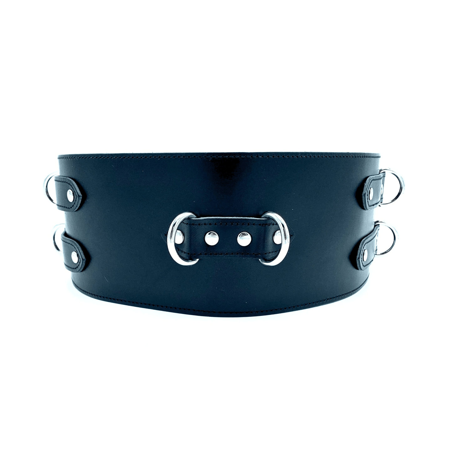 Black leather belt with silver hardware, wide waist belt with front and side rings handcrafted in USA