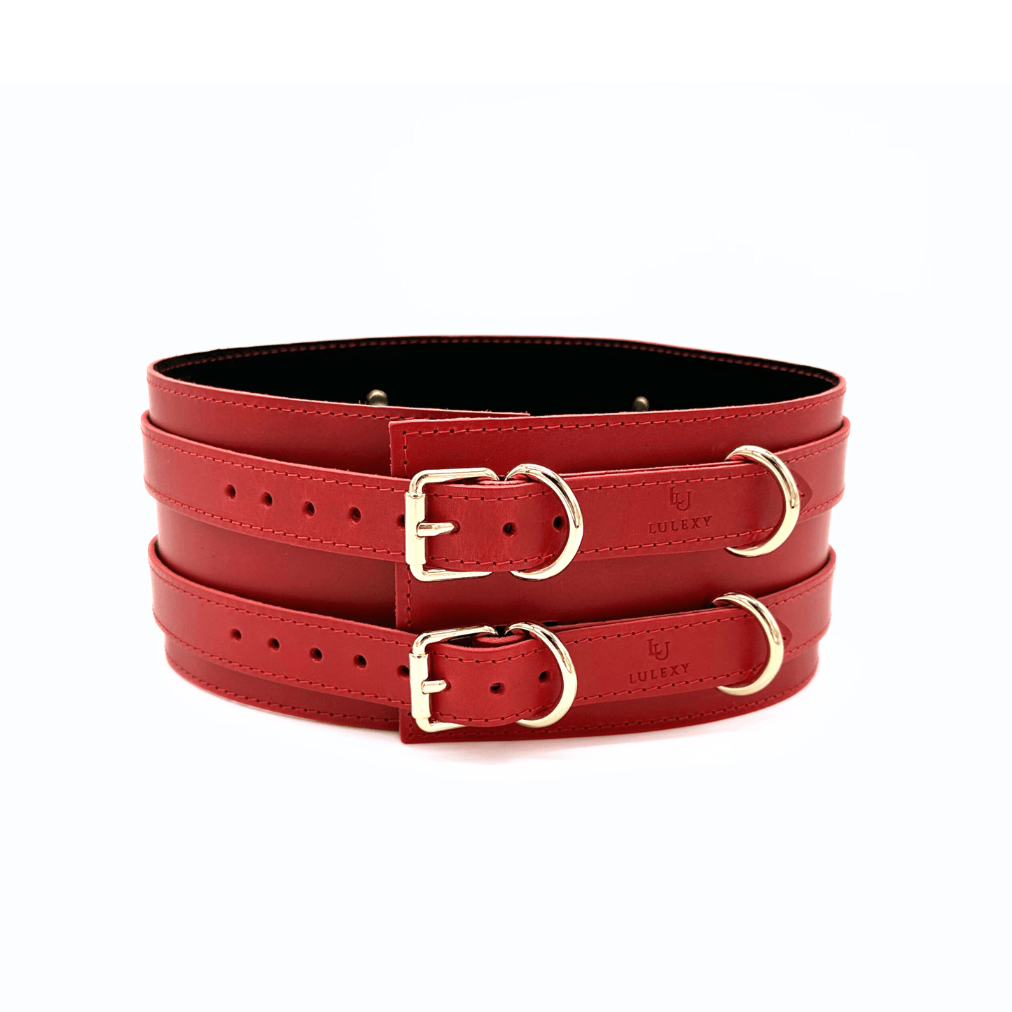 Red leather belt with gold hardware and double buckle design, adjustable waist belt with structured fit