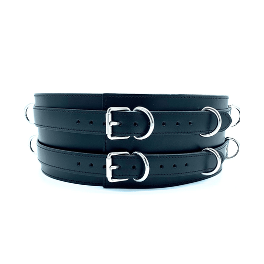 Red leather belt with gold hardware and side D-rings, adjustable double strap design handcrafted in USA