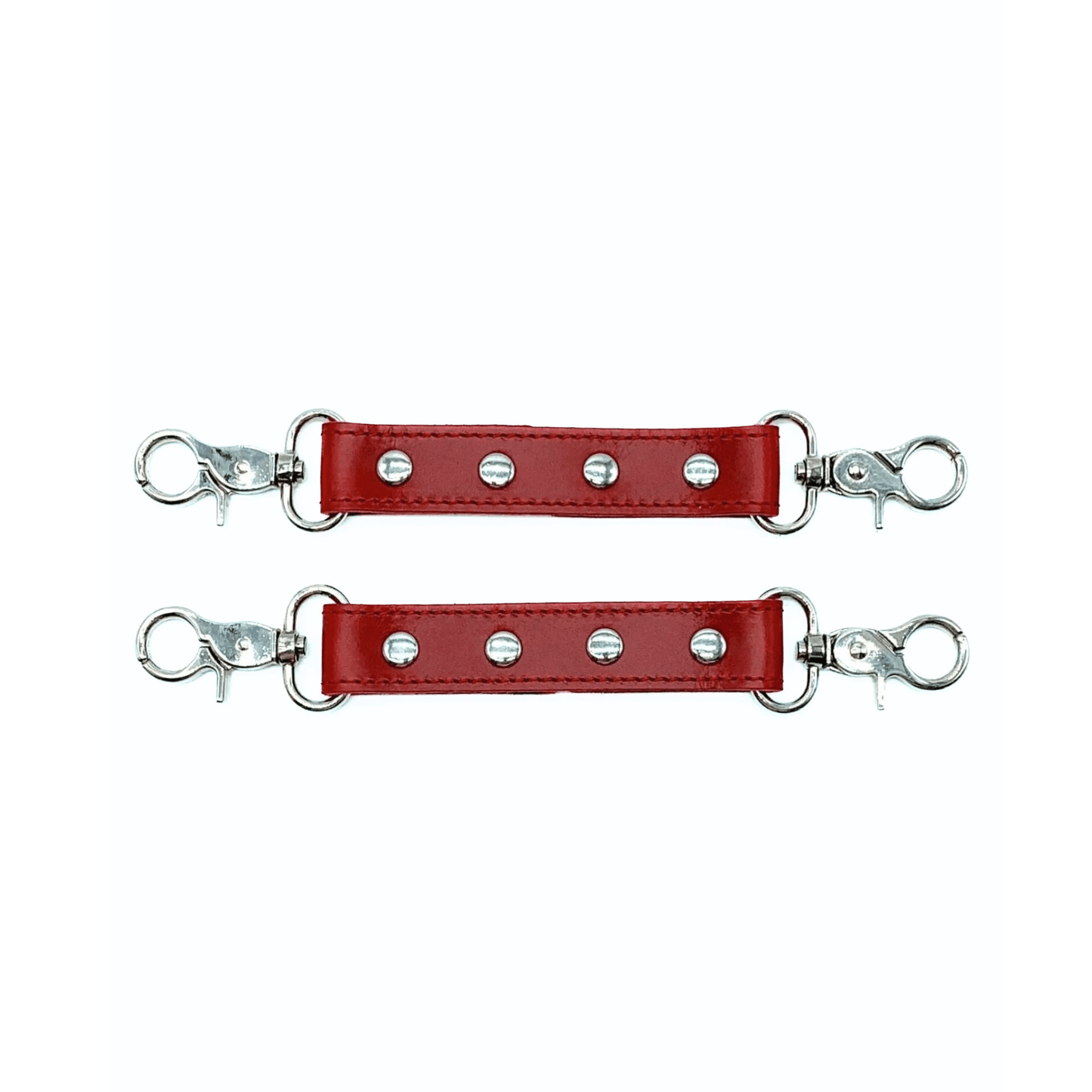 Red Italian leather connector straps with silver hardware, adjustable connectors with clips and buckles