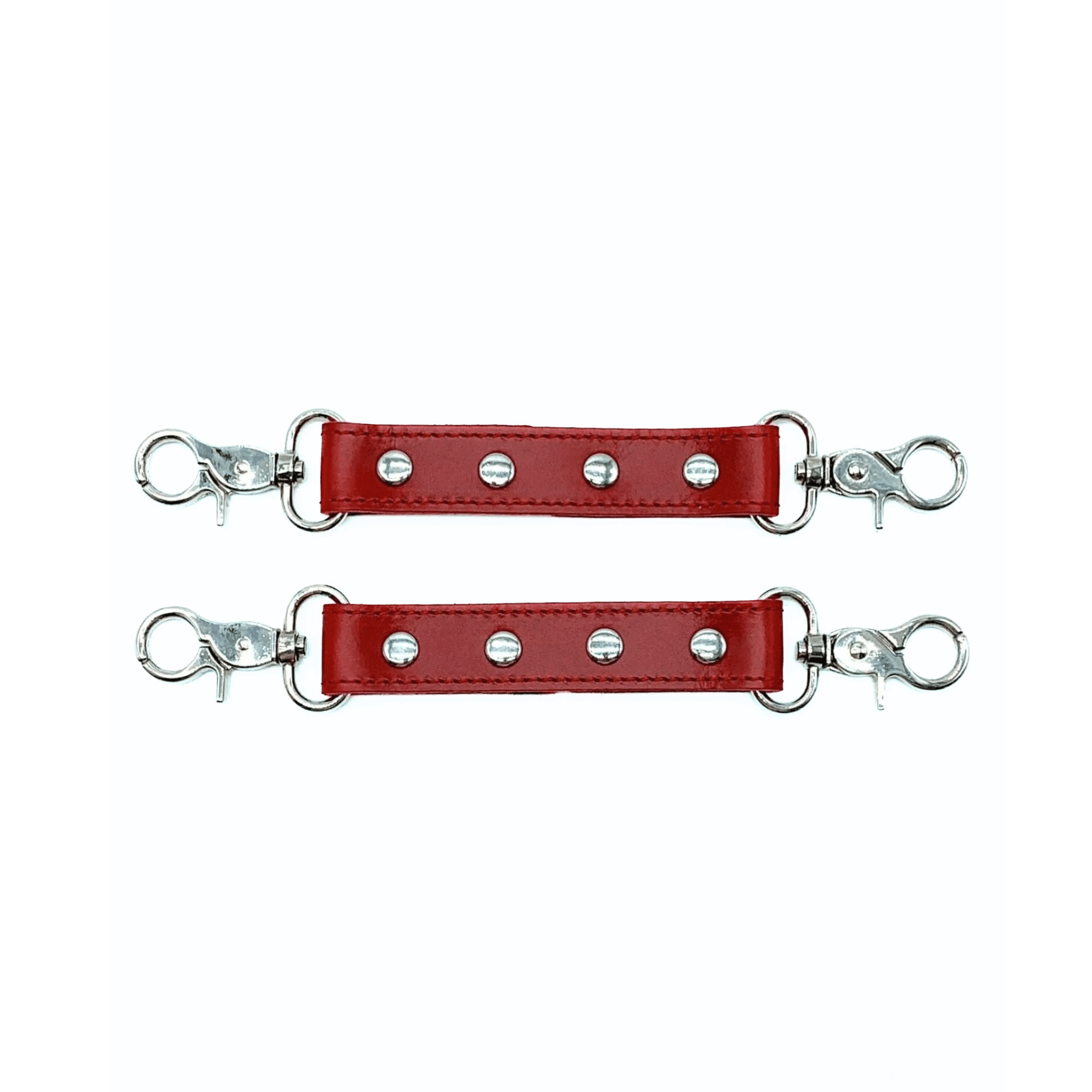 Red Italian leather connector straps with silver hardware, adjustable connectors with clips and buckles