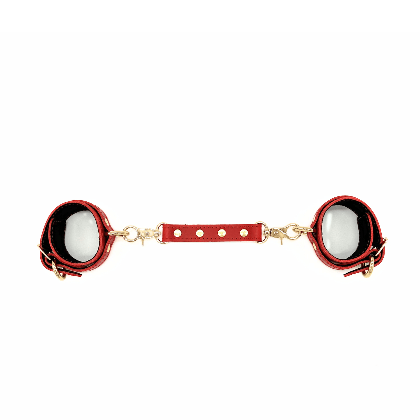 Red Italian leather connector with silver hardware and O-rings, adjustable strap linking cuffs
