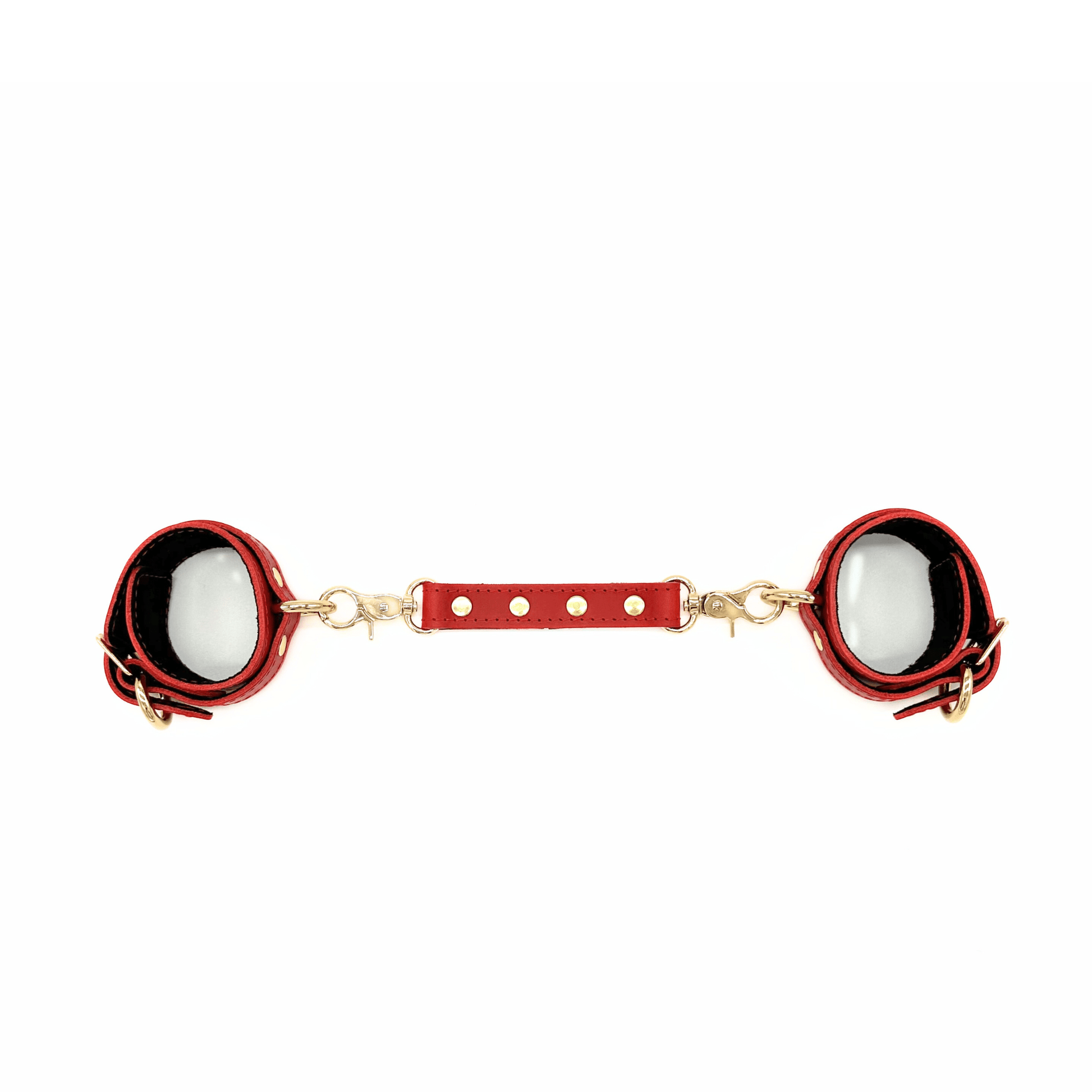 Red Italian leather connector with silver hardware and O-rings, adjustable strap linking cuffs