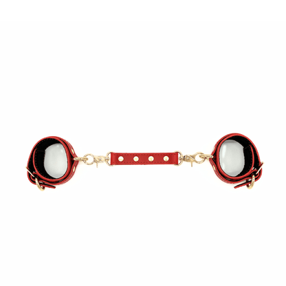 Red Italian leather connector with silver hardware and O-rings, adjustable strap linking cuffs