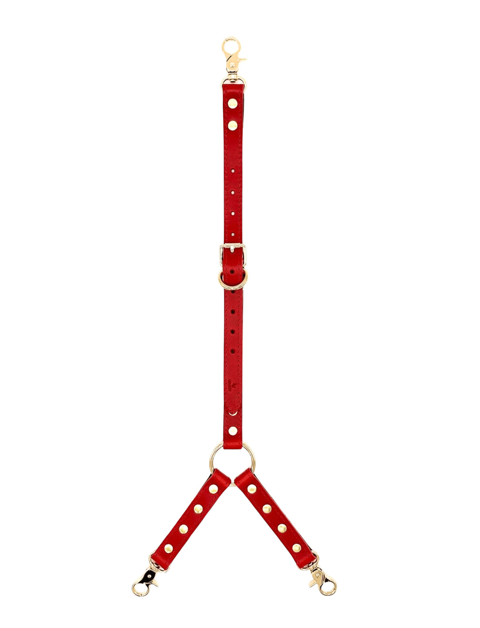 Red leather three way connector with gold hardware, adjustable straps and O-ring center with three clip ends