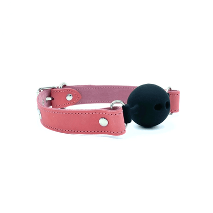 Pink leather ball gag with black breathable ball and adjustable strap, silver hardware handcrafted in USA