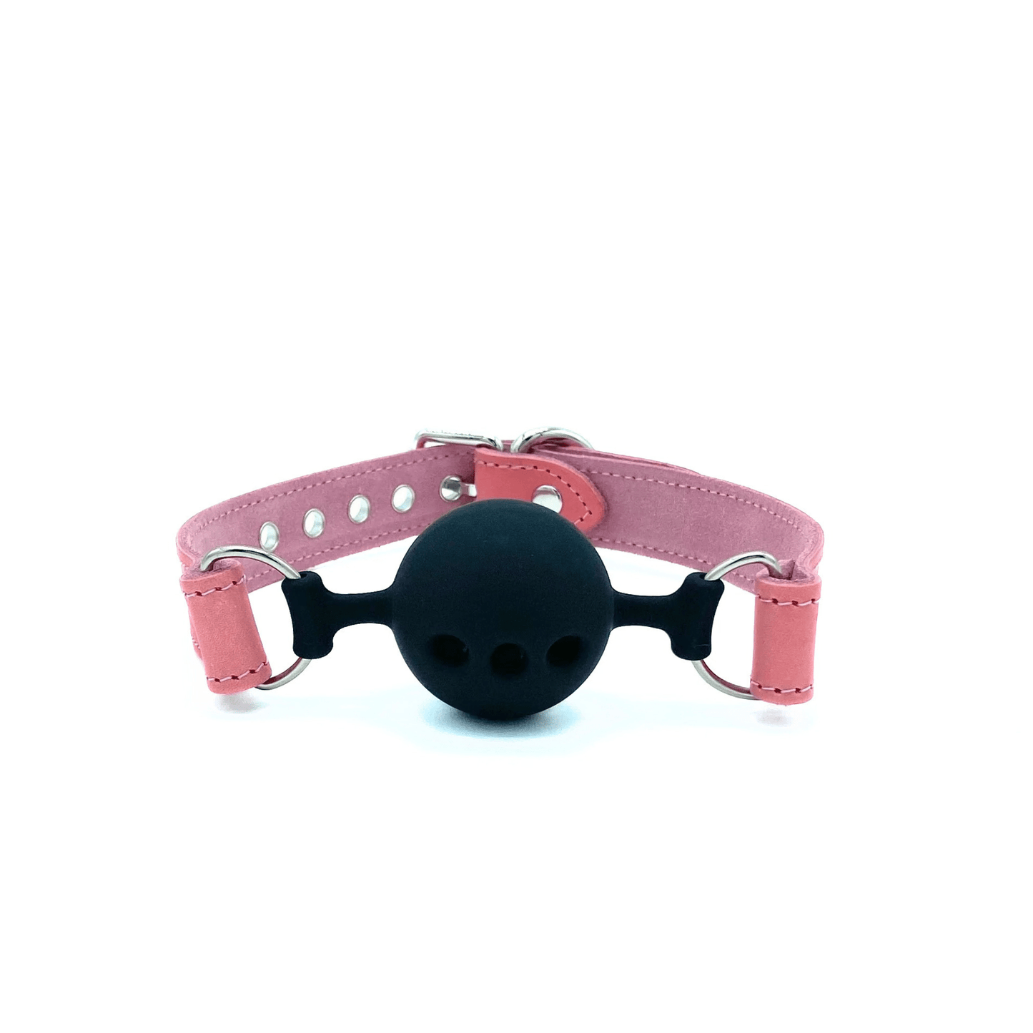 Pink leather ball gag with adjustable strap, black silicone ball, and silver hardware on white background