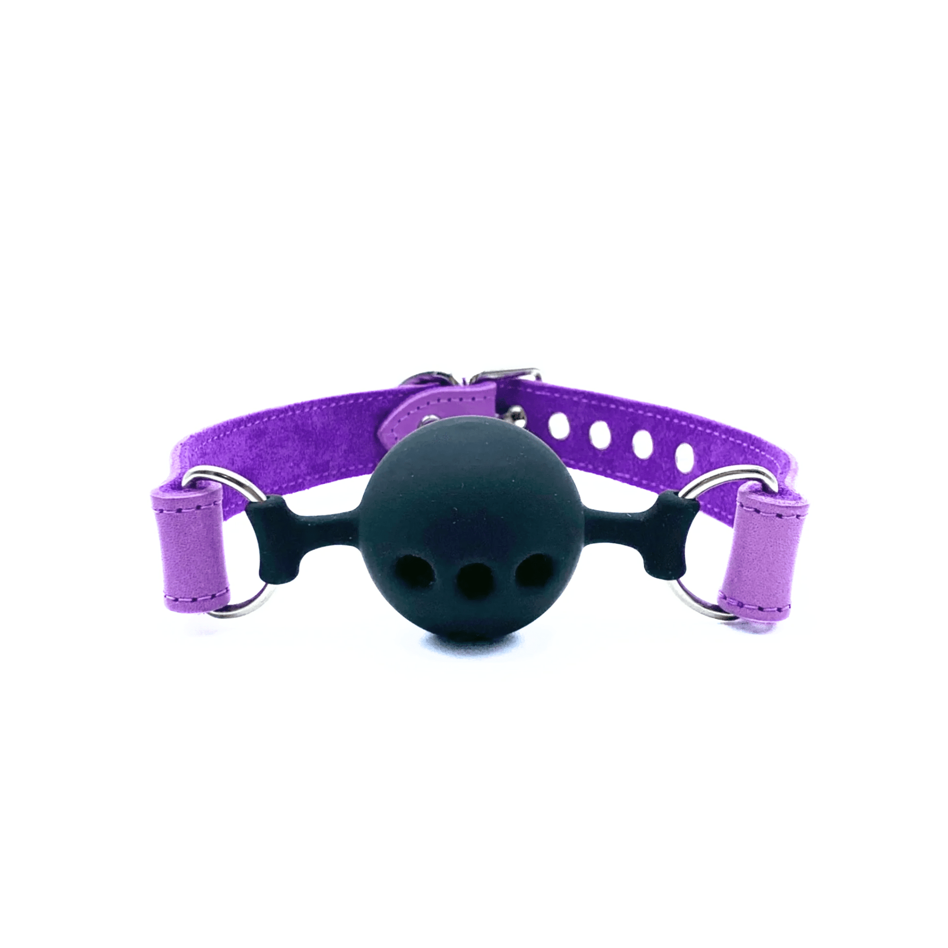 Purple leather ball gag with black breathable ball and adjustable strap, silver hardware handmade design