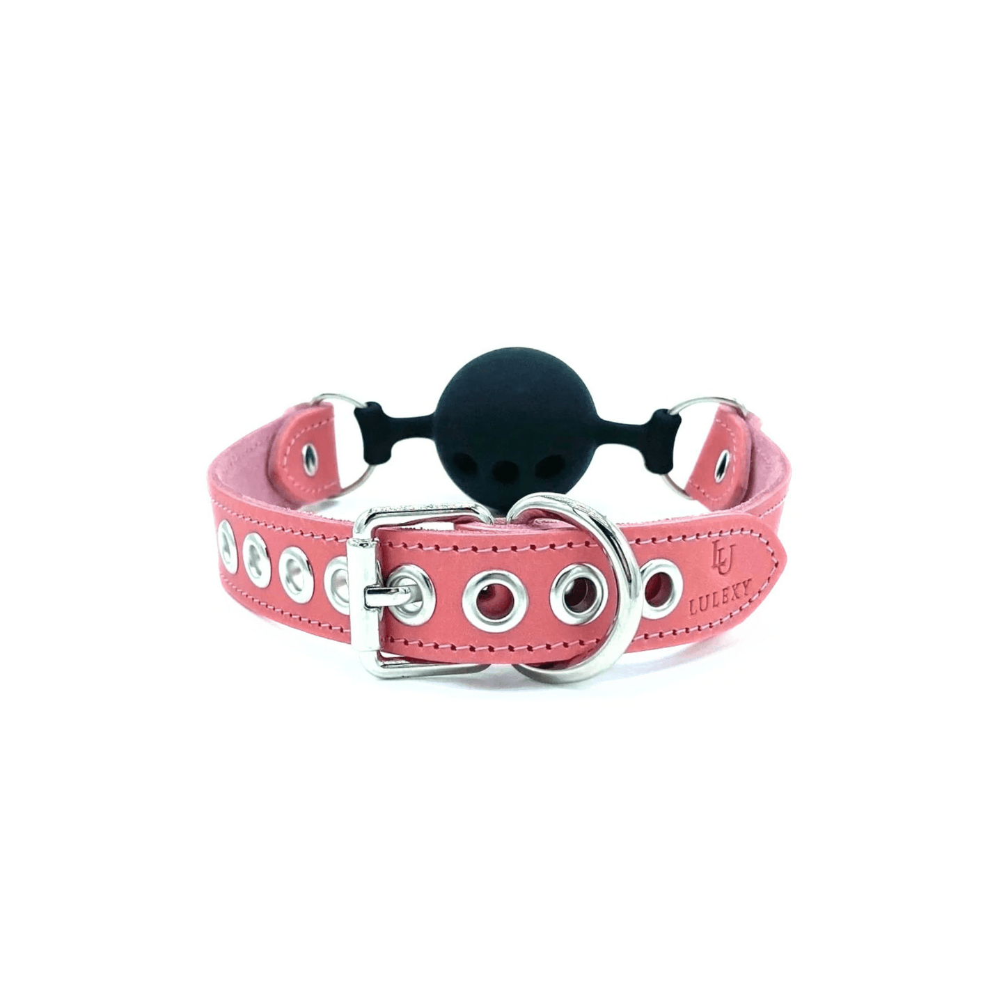 Pink leather ball gag and black breathable ball, adjustable strap with silver buckle and hardware