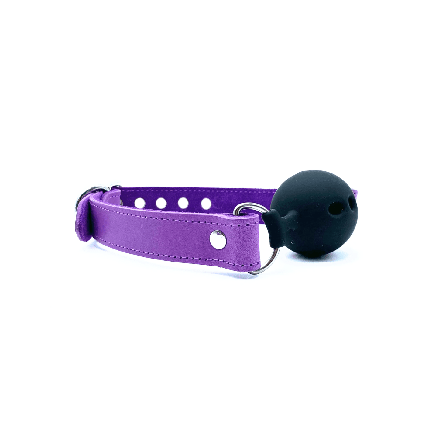 Purple leather ball gag side view with black breathable ball, adjustable strap and silver buckle