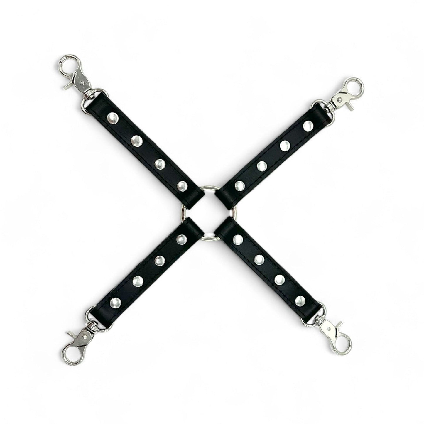 Black leather hogtie connector with silver hardware and center O-ring for bondage restraints.
