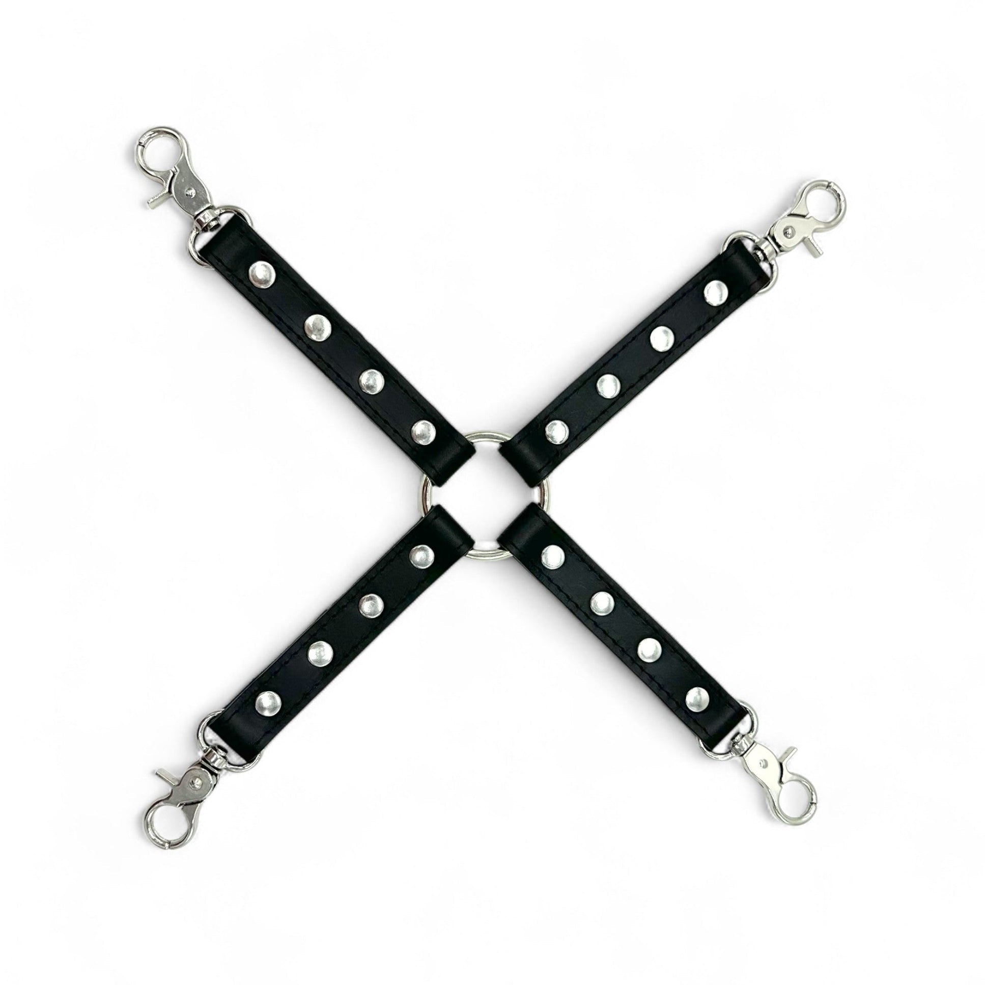 Black leather hogtie connector with silver hardware and center O-ring for bondage restraints.
